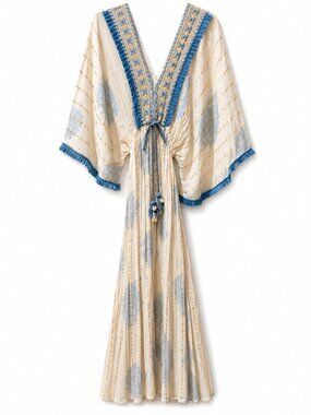 NWT Bohemian Embroidered Maxi Dress with Shell Tassel Tie